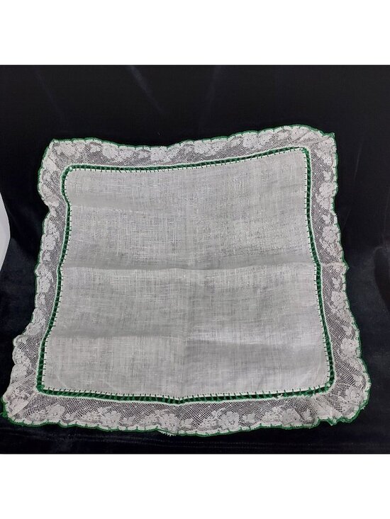 Handmade Accessories - Handerchief Antique 13x13 Handmade French Lace 1920 Wedding Green Embroridred
